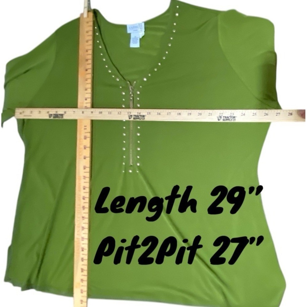 Carmen Marc Valvo Womens Top 3X Green Studded Zip Bell Sleeve Stretch Blouse - Picture 3 of 9